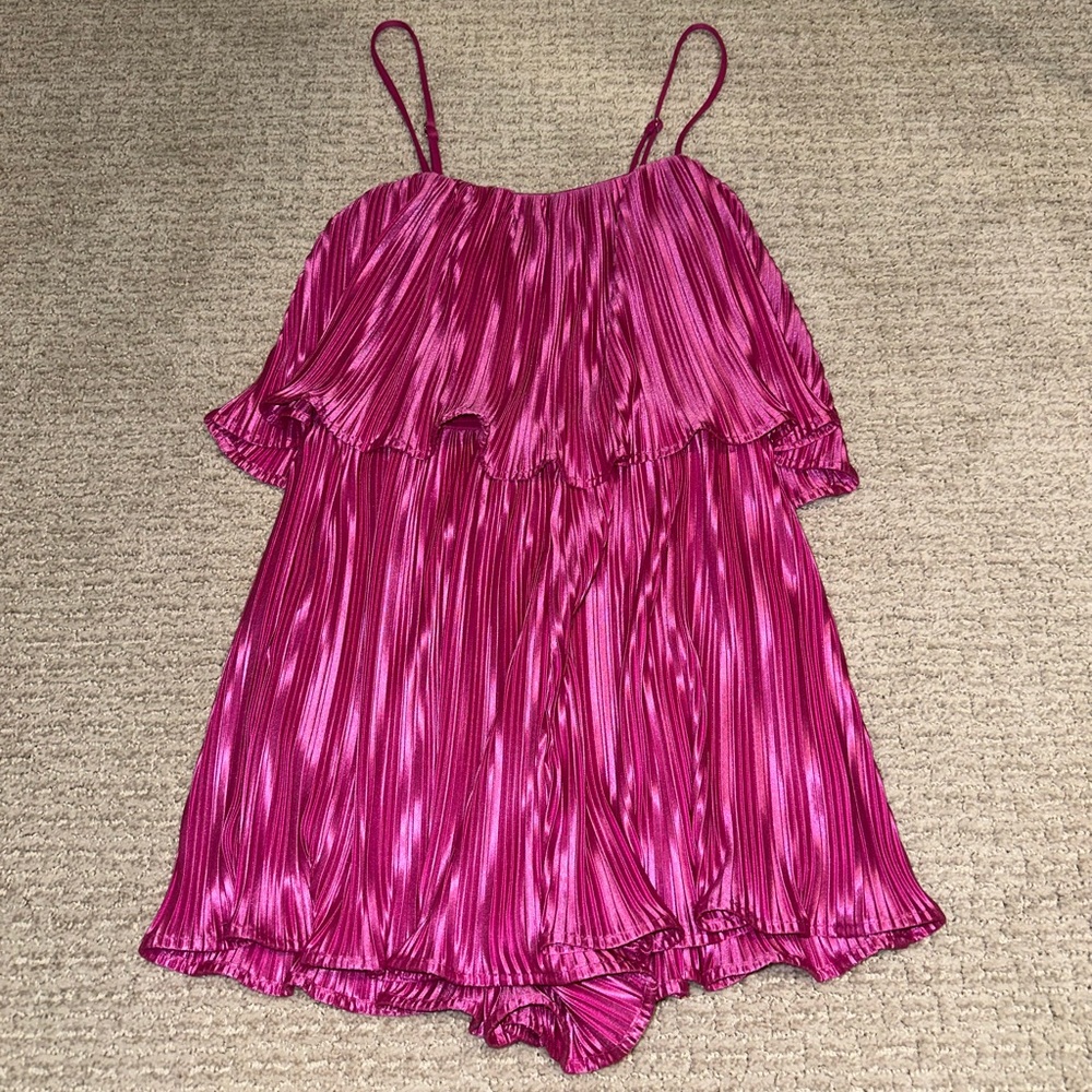 Lulus Fun Flirt Hot Pink Satin Plisse Sleeveless Romper